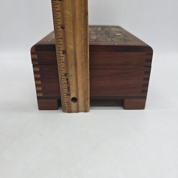 Vintage Wood Jewelry Trinket Box with Hinged Cottage Scene Lid Brown - Picture 10 of 10